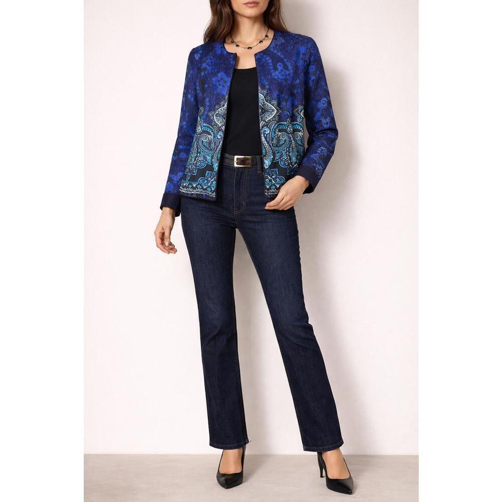 Coldwater Creek Blue Patterned Open Front Cotton Blazer Jacket Size 14 Petite - Picture 1 of 11